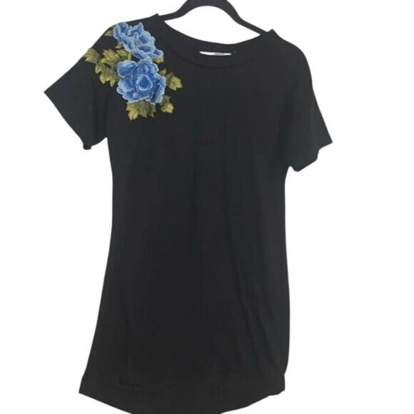 Potters Pot Black Floral Embroidered T-Shirt Dress S/CH Polyester Short Sleeve - Picture 1 of 6